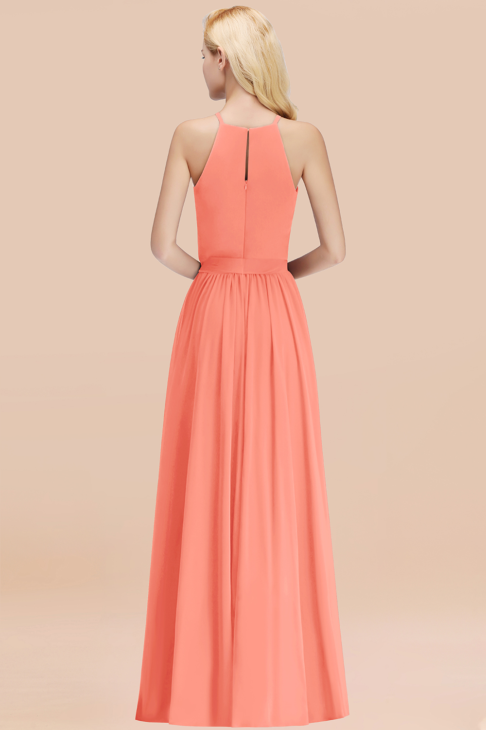 Modest Long A-line Halter Chiffon Bow Coral Bridesmaid Dresses