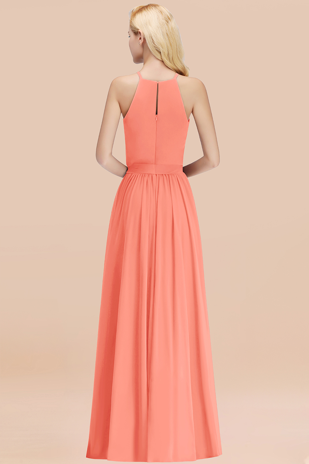 Modest Long A-line Halter Chiffon Bow Coral Bridesmaid Dresses