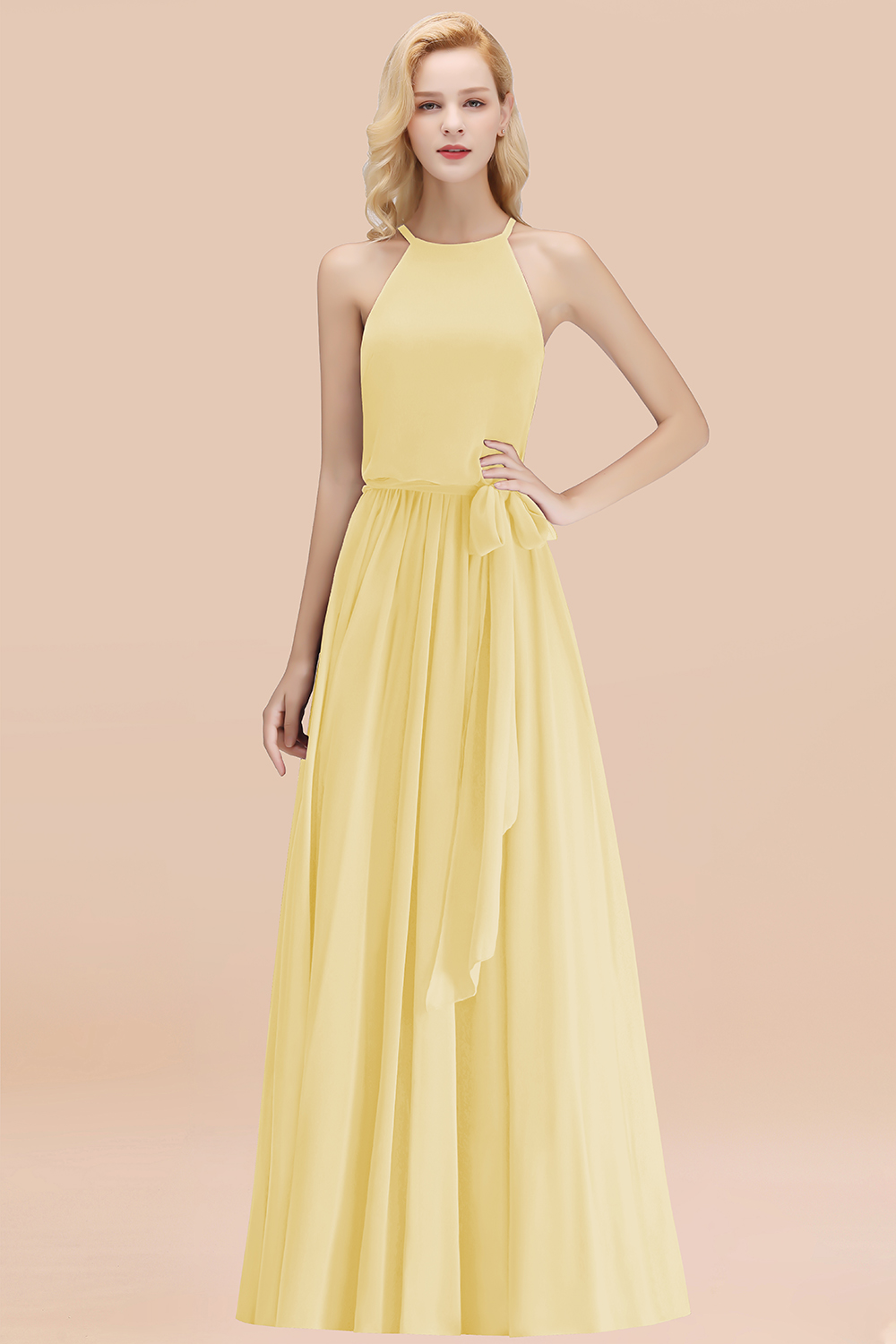 Modest Long A-line Halter Chiffon Bow Daffodil Bridesmaid Dresses