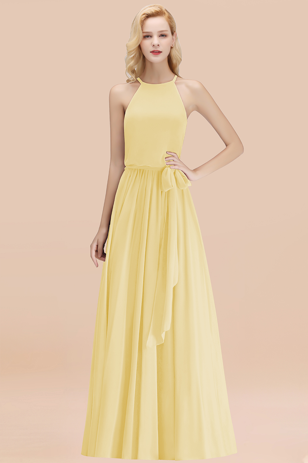 Modest Long A-line Halter Chiffon Bow Daffodil Bridesmaid Dresses