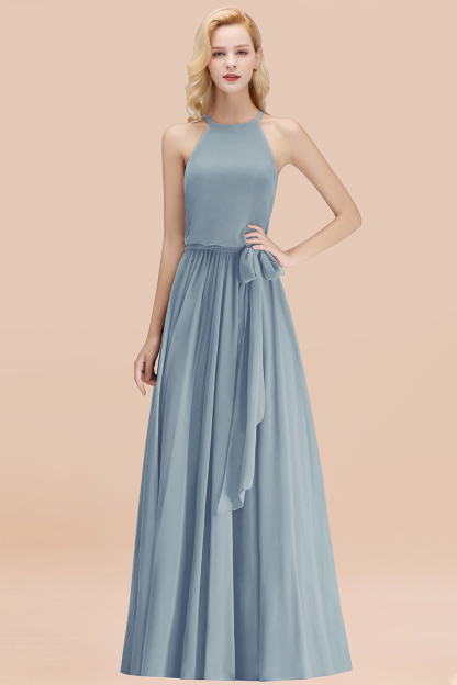 Modest Long A-line Halter Chiffon Bow Dusty Blue Bridesmaid Dresses