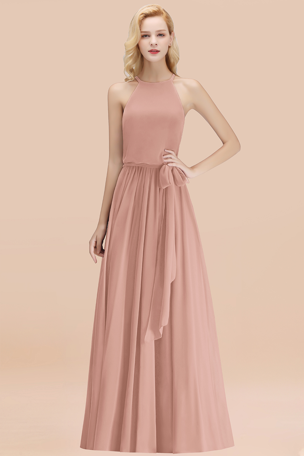 Modest Long A-line Halter Chiffon Bow Dusty Pink Bridesmaid Dresses
