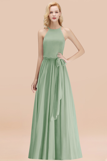 Modest Long A-line Halter Chiffon Bow Dusty Sage Bridesmaid Dresses