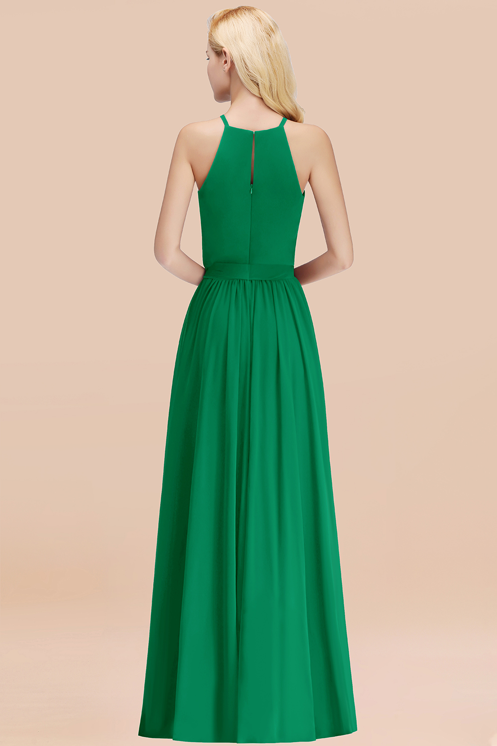 Modest Long A-line Halter Chiffon Bow Emerald Bridesmaid Dresses