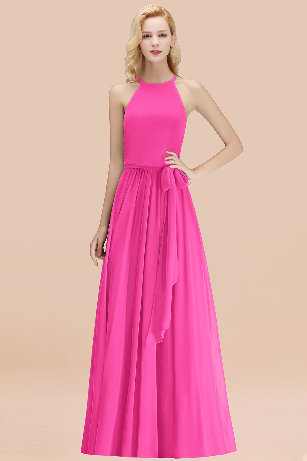 Modest Long A-line Halter Chiffon Bow Fuchsia Bridesmaid Dresses