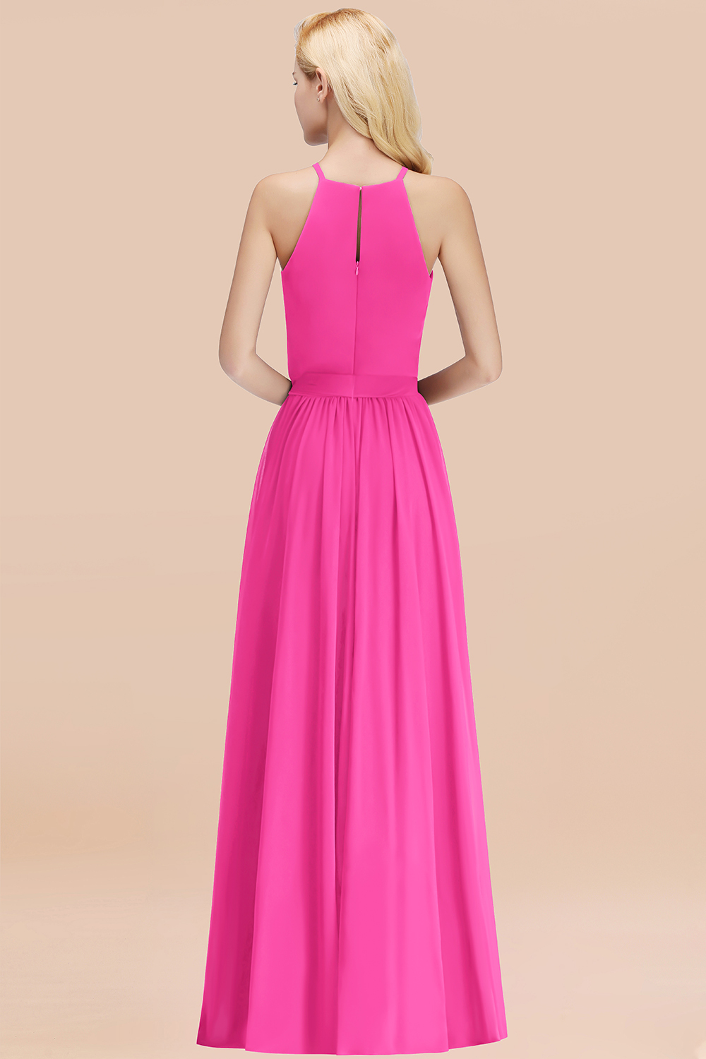 Modest Long A-line Halter Chiffon Bow Fuchsia Bridesmaid Dresses