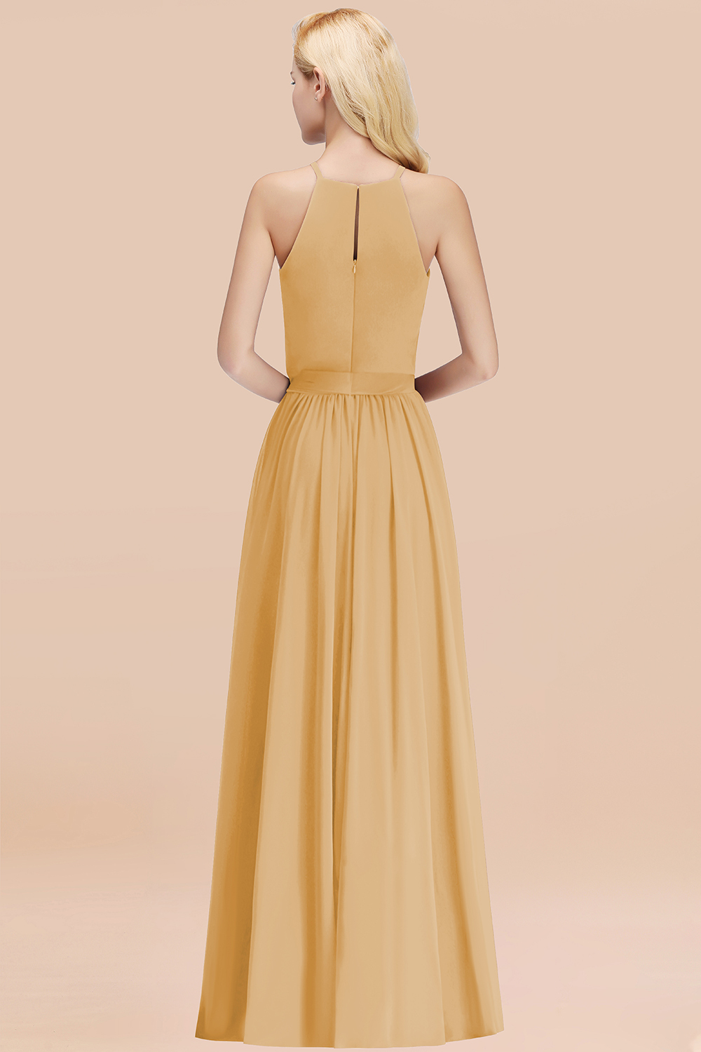 Modest Long A-line Halter Chiffon Bow Gold Bridesmaid Dresses