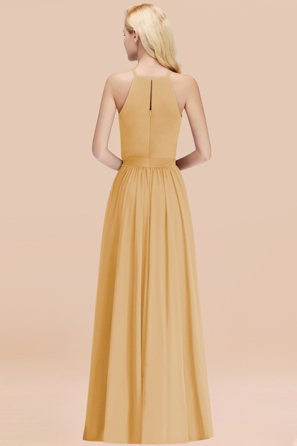 Modest Long A-line Halter Chiffon Bow Gold Bridesmaid Dresses