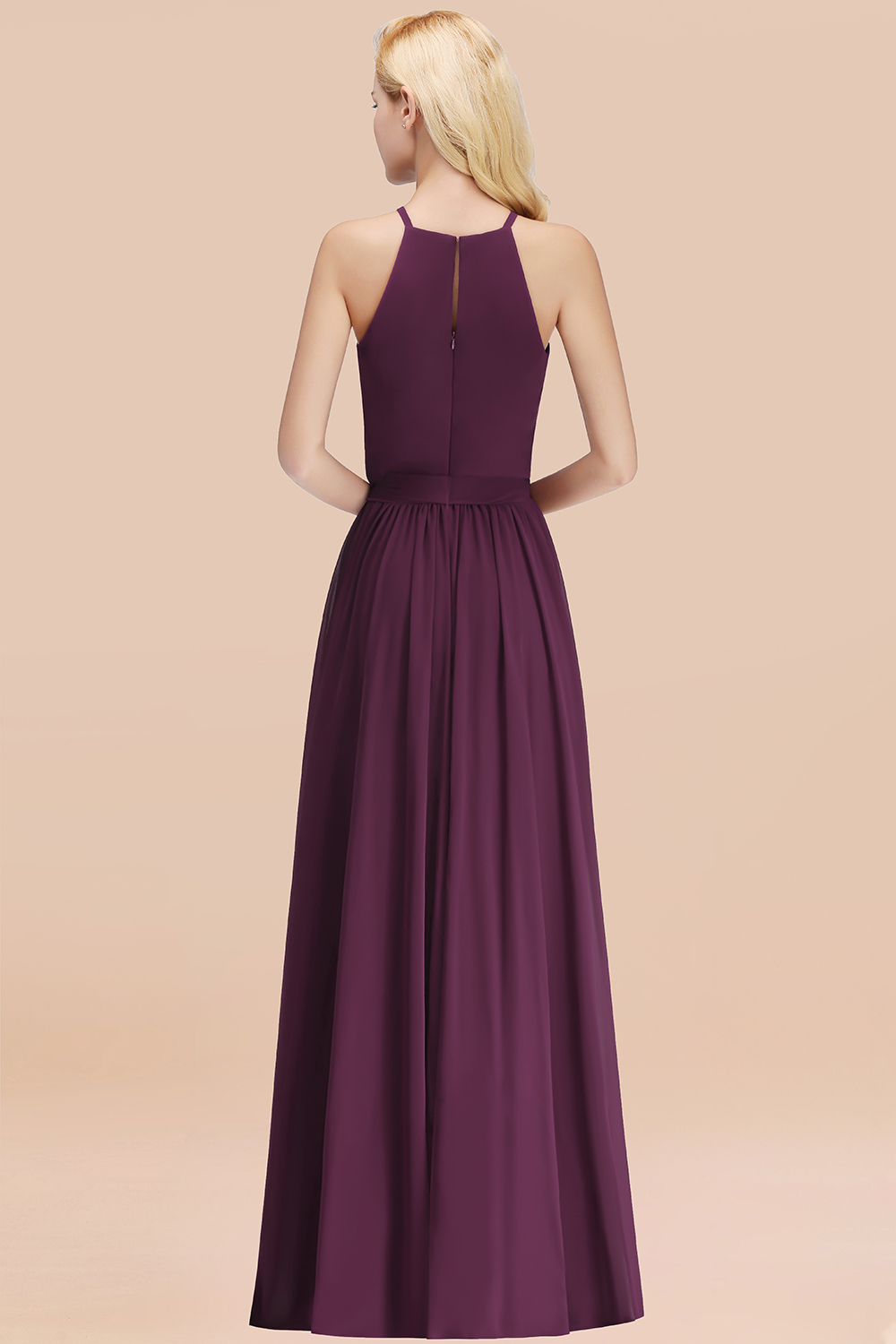 Modest Long A-line Halter Chiffon Bow Grape Bridesmaid Dresses