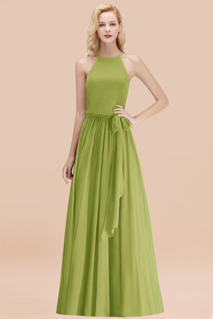 Modest Long A-line Halter Chiffon Bow Green Bridesmaid Dresses