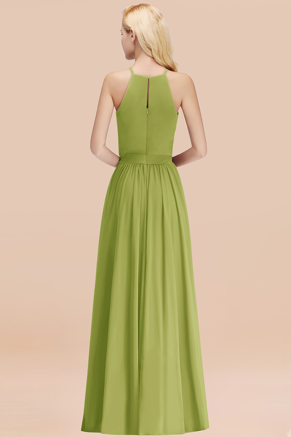 Modest Long A-line Halter Chiffon Bow Green Bridesmaid Dresses