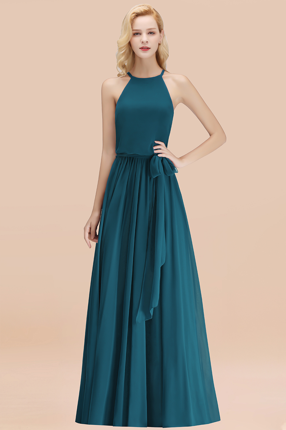 Modest Long A-line Halter Chiffon Bow Ink Blue Bridesmaid Dresses