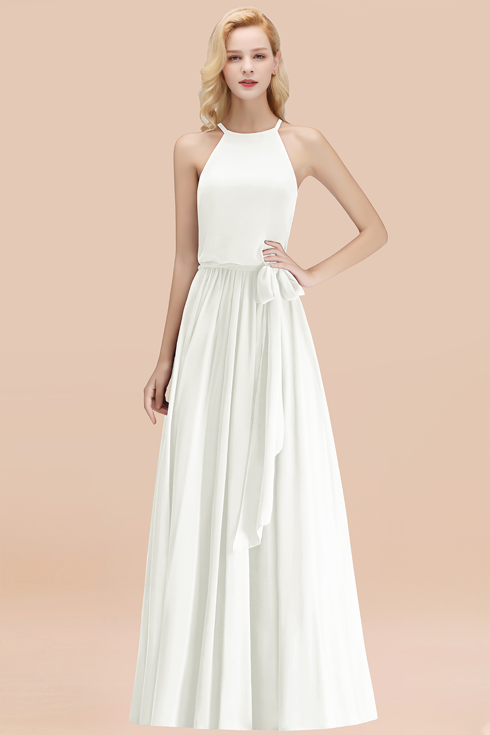 Modest Long A-line Halter Chiffon Bow Ivory Bridesmaid Dresses