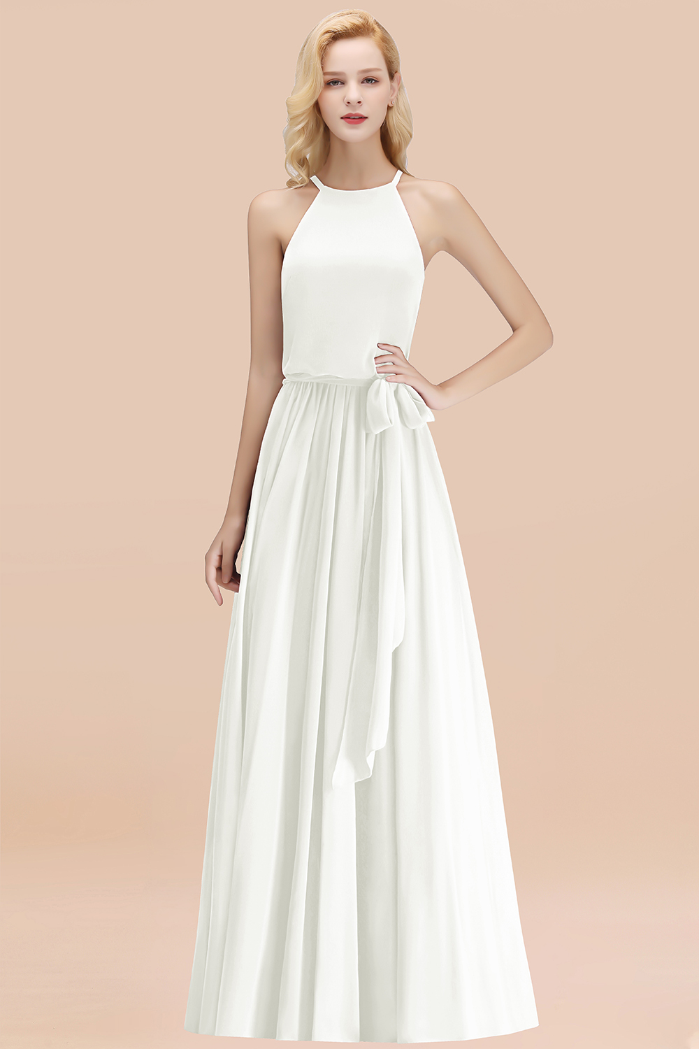 Modest Long A-line Halter Chiffon Bow Ivory Bridesmaid Dresses
