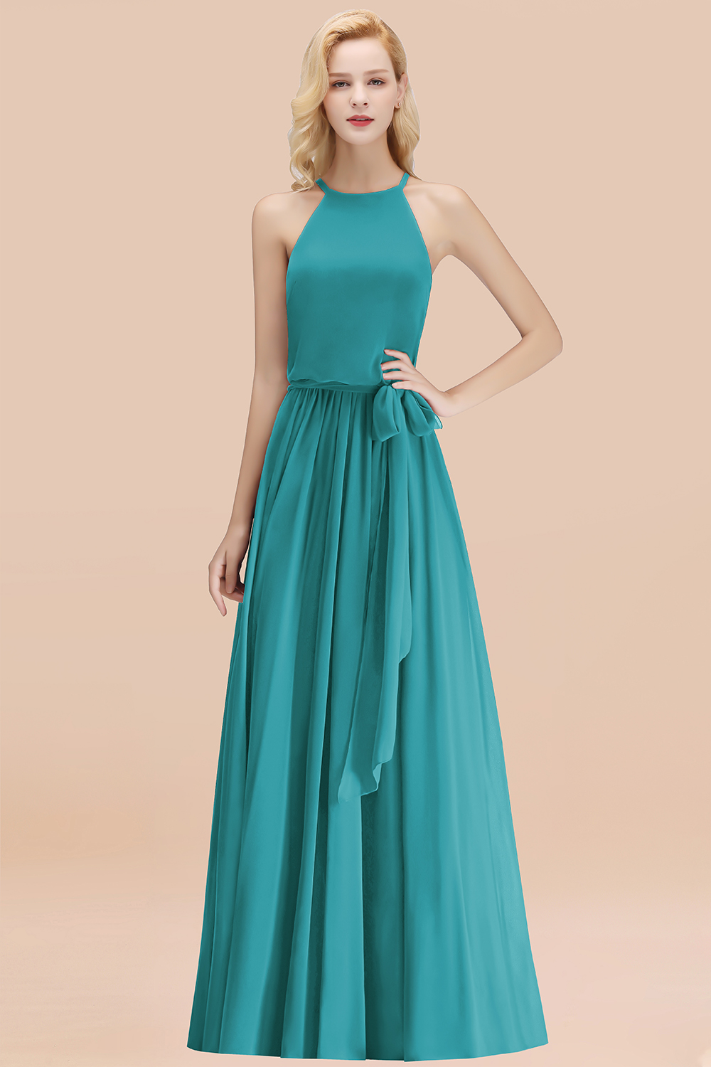 Modest Long A-line Halter Chiffon Bow Jade Bridesmaid Dresses