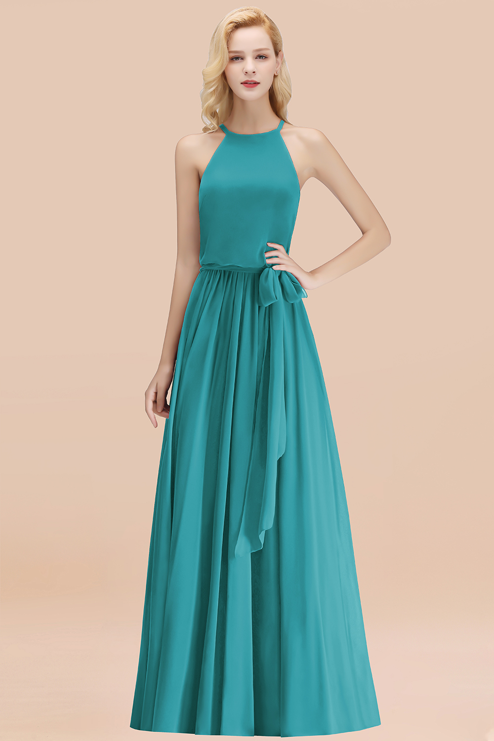 Modest Long A-line Halter Chiffon Bow Jade Bridesmaid Dresses