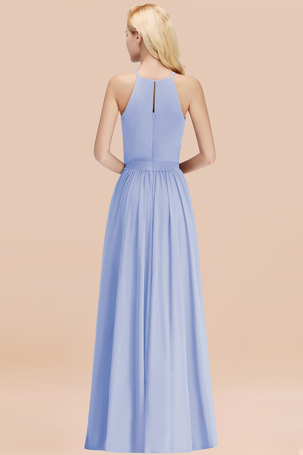 Modest Long A-line Halter Chiffon Bow Lavender Bridesmaid Dresses
