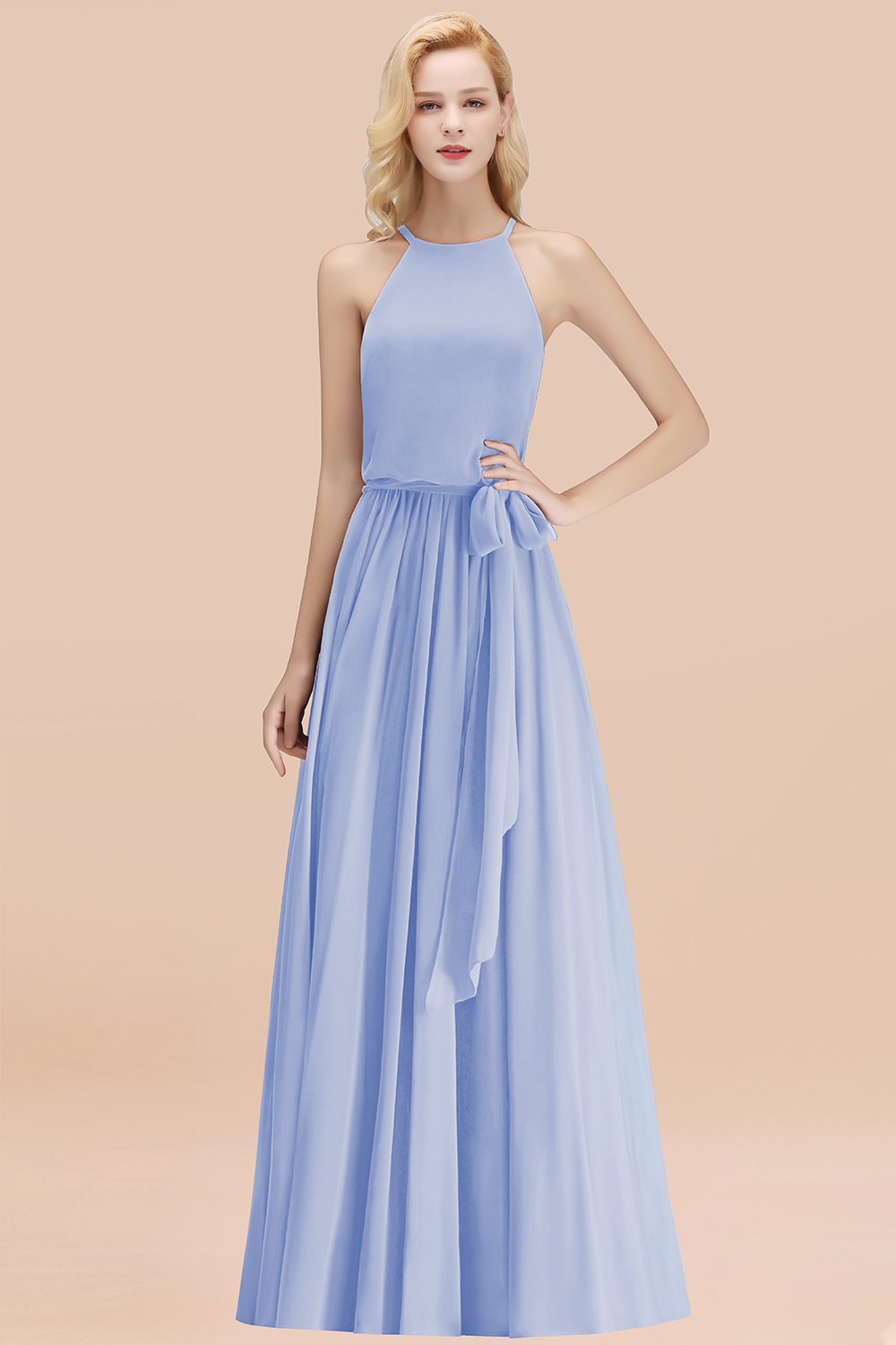 Modest Long A-line Halter Chiffon Bow Lavender Bridesmaid Dresses