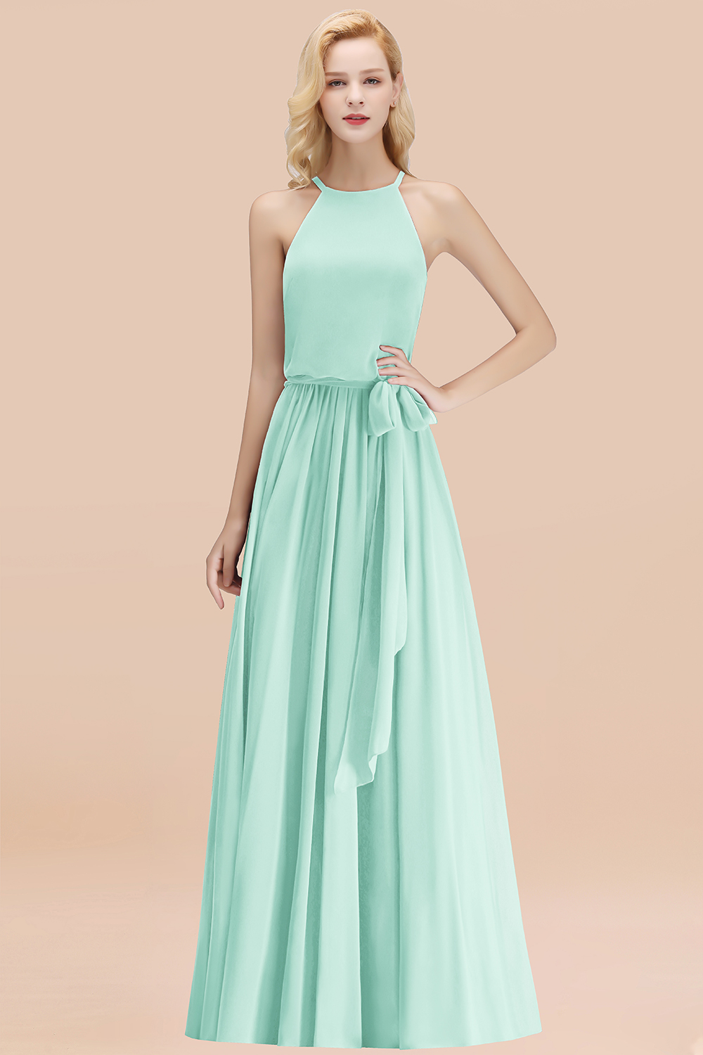 white christmas dresses Mint Green Chiffon V-Neck Bridesmaid Dress A-Line Floor-Length main image 1