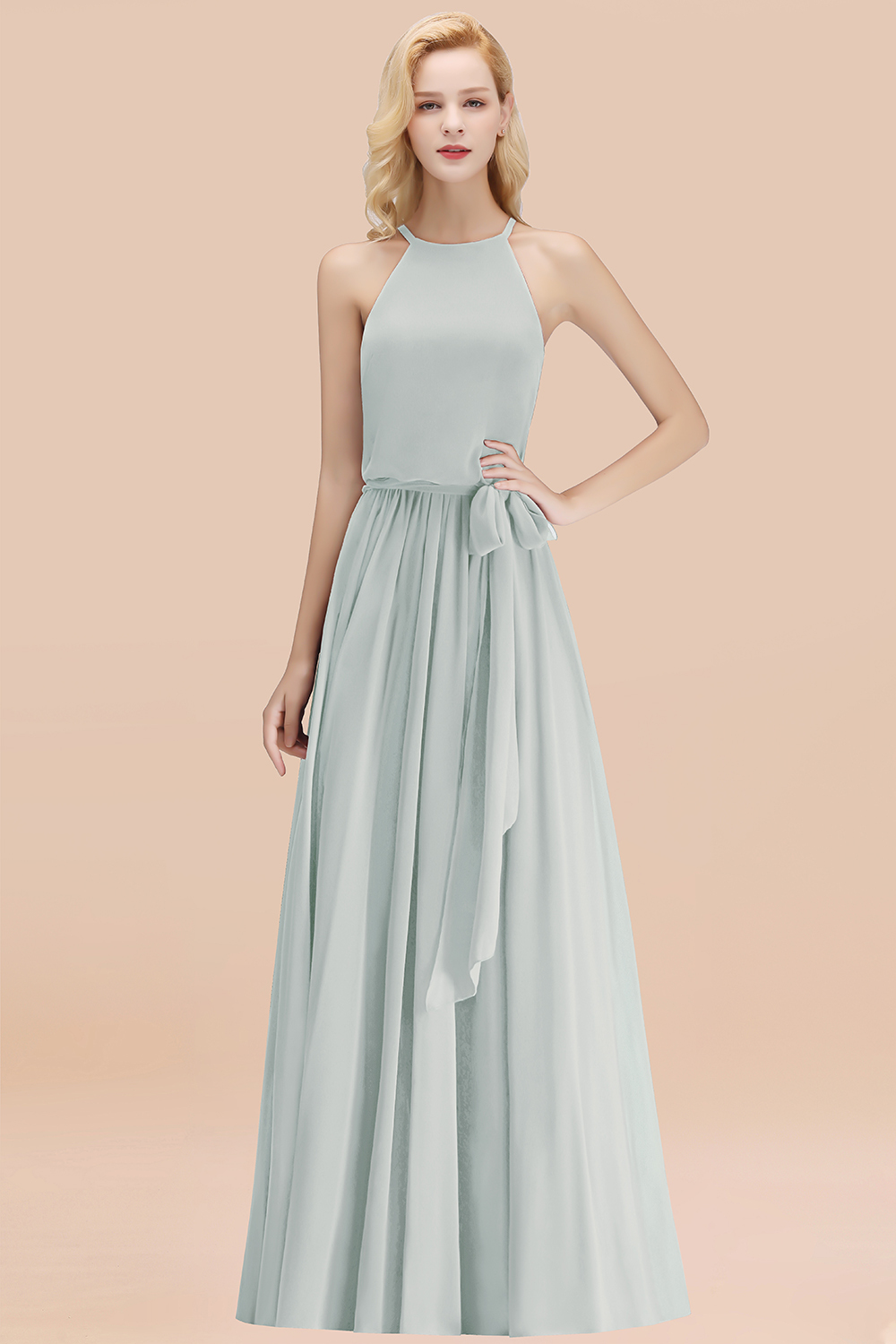 Modest Long A-line Halter Chiffon Bow Mist Bridesmaid Dresses