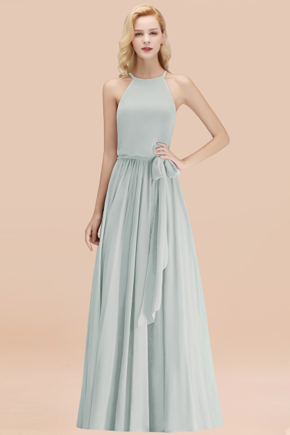 Modest Long A-line Halter Chiffon Bow Mist Bridesmaid Dresses