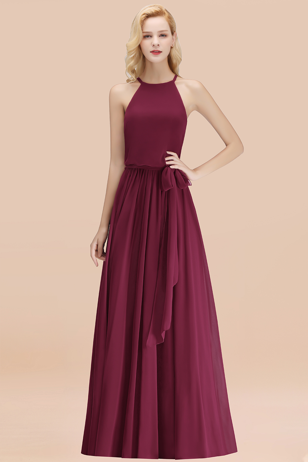 Modest Long A-line Halter Chiffon Bow Mulberry Bridesmaid Dresses