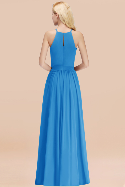 Modest Long A-line Halter Chiffon Bow Ocean Blue Bridesmaid Dresses