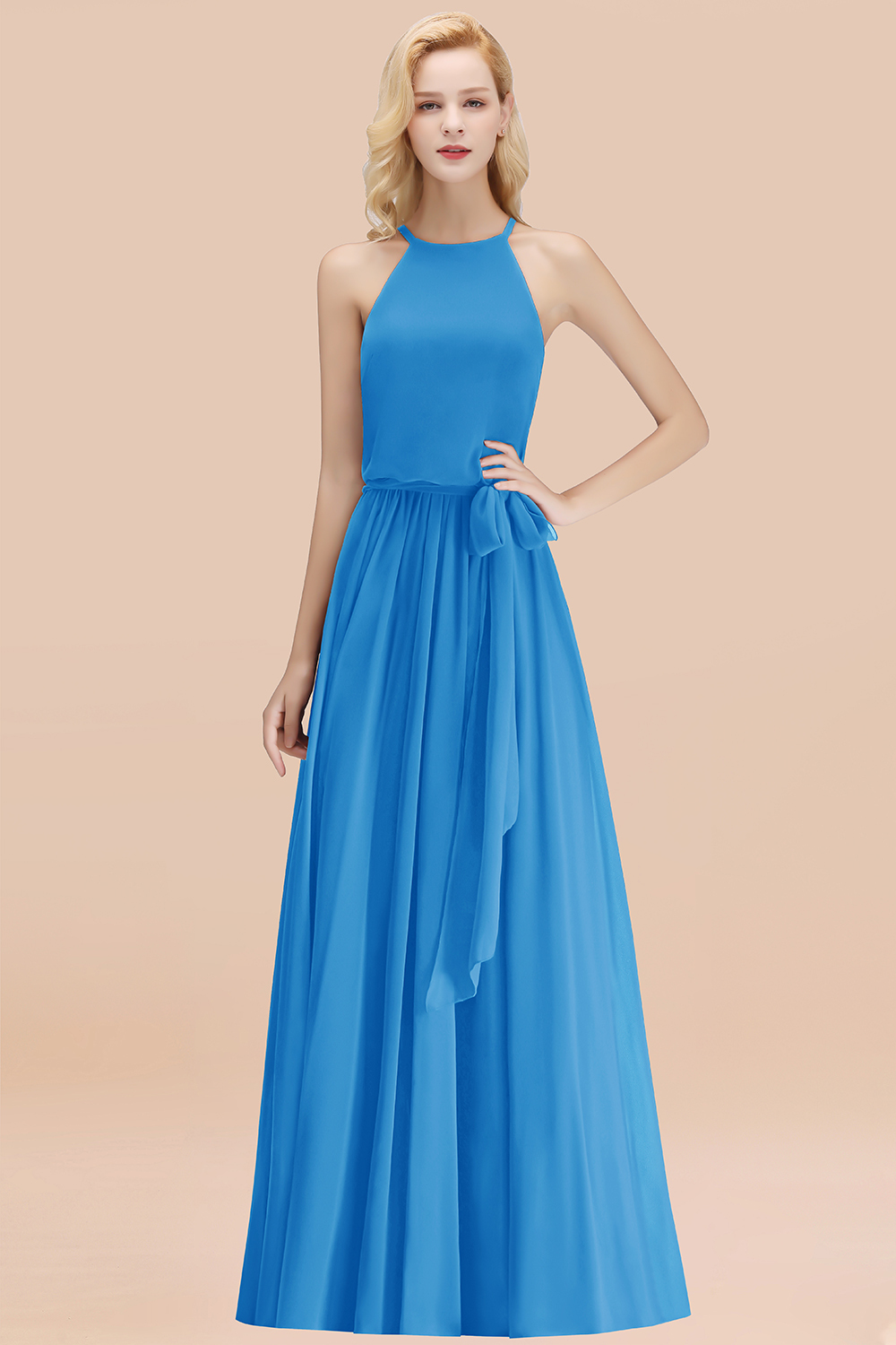 Modest Long A-line Halter Chiffon Bow Ocean Blue Bridesmaid Dresses