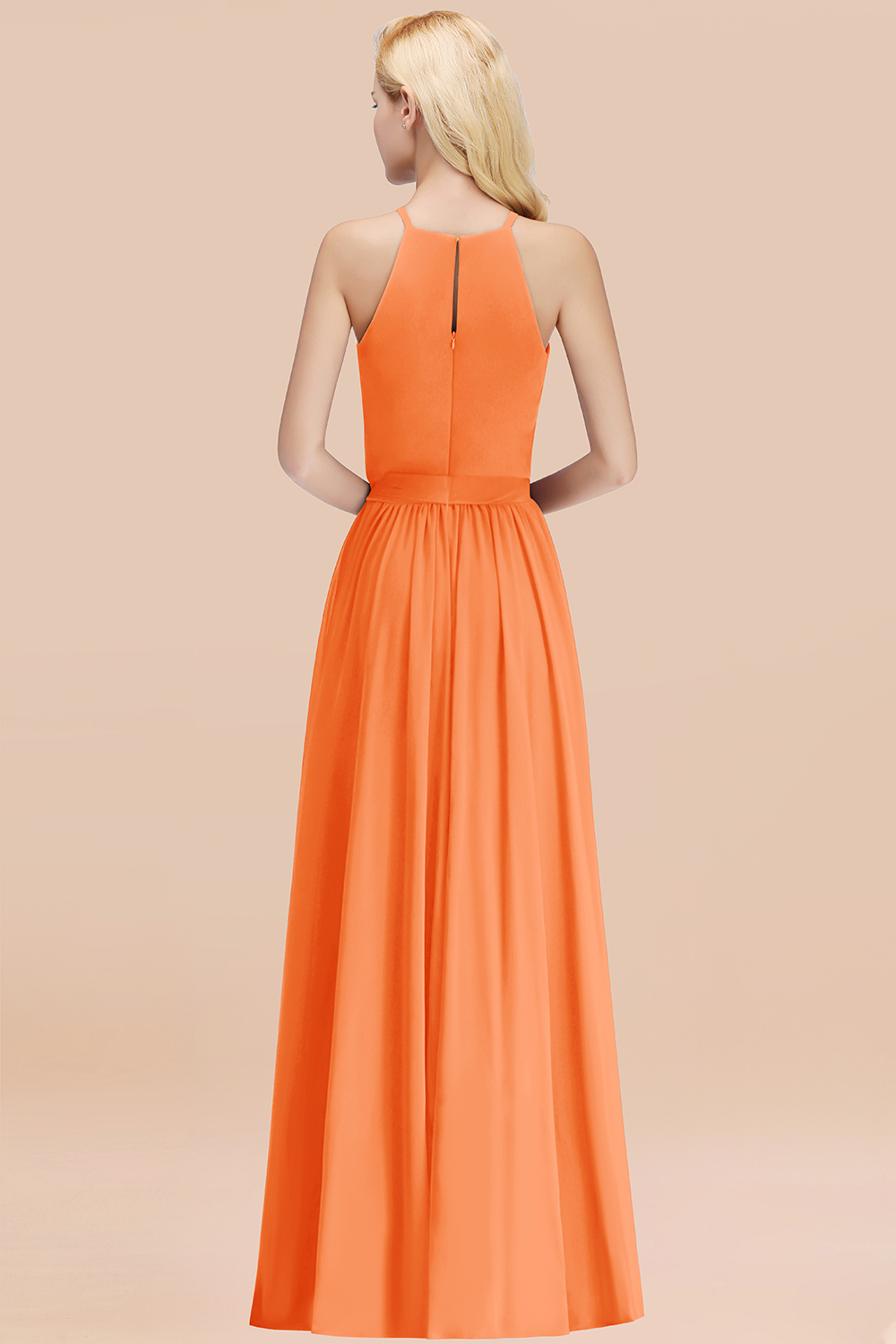 Modest Long A-line Halter Chiffon Bow Orange Bridesmaid Dresses