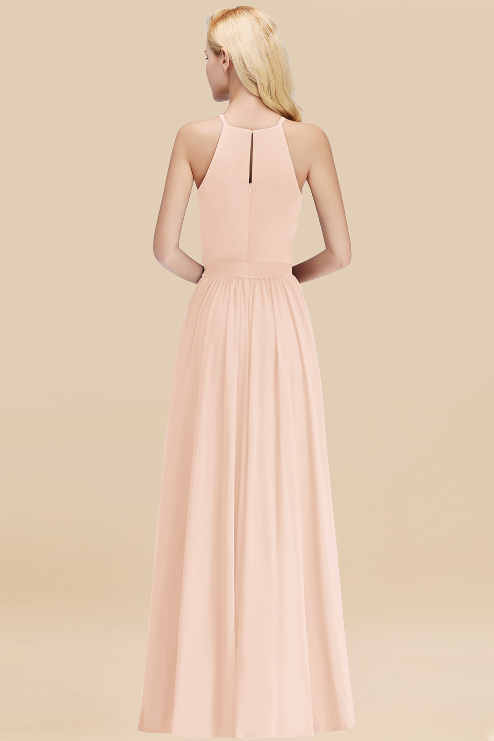 Modest Long A-line Halter Chiffon Bow Pearl Pink Bridesmaid Dresses