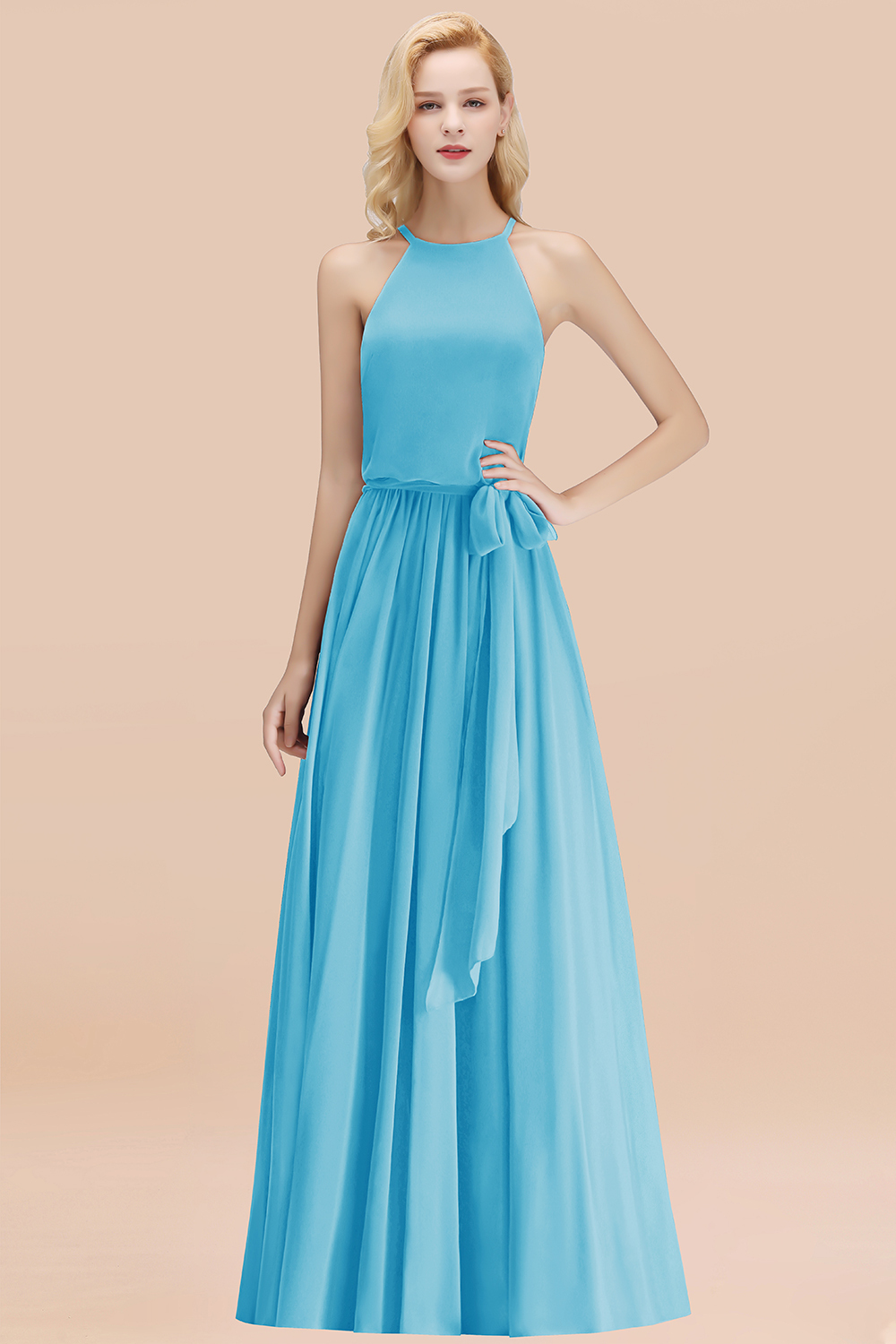 Modest Long A-line Halter Chiffon Bow Pool Bridesmaid Dresses