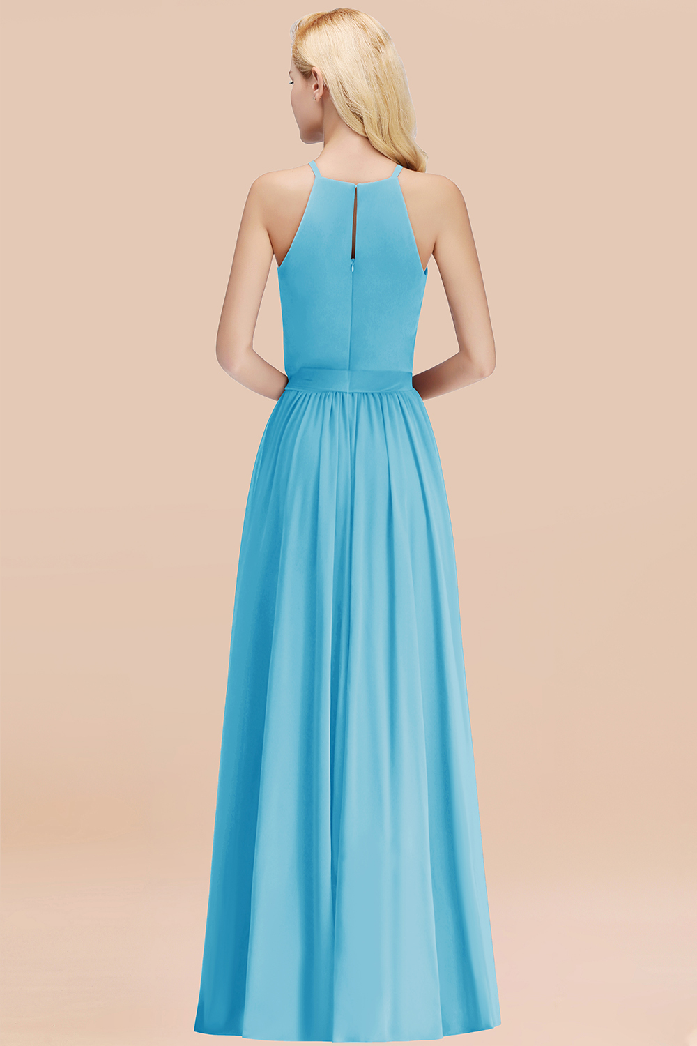 Modest Long A-line Halter Chiffon Bow Pool Bridesmaid Dresses