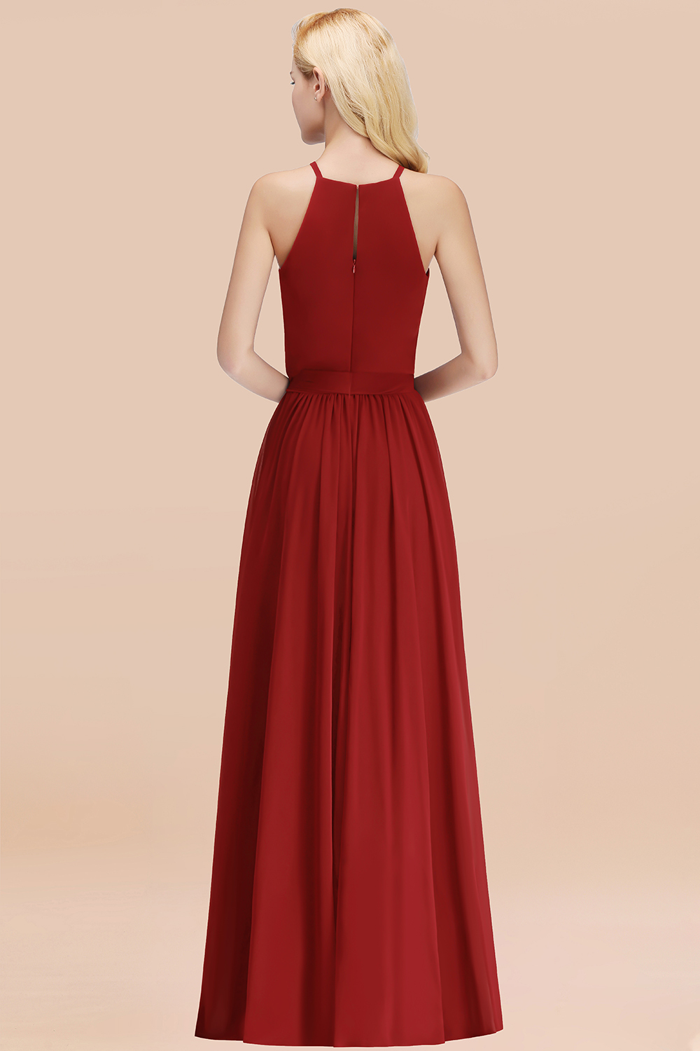 Modest Long A-line Halter Chiffon Bow Rust Bridesmaid Dresses