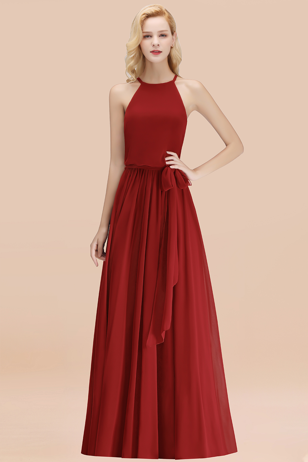 Modest Long A-line Halter Chiffon Bow Rust Bridesmaid Dresses