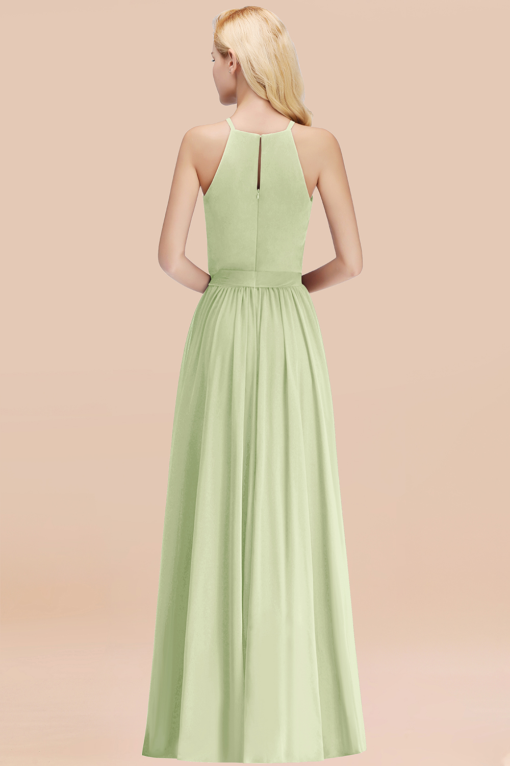 Modest Long A-line Halter Chiffon Bow Sage Bridesmaid Dresses