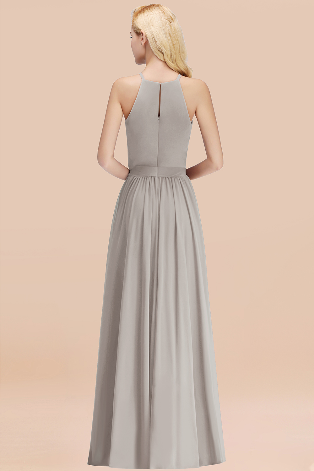 Modest Long A-line Halter Chiffon Bow Silver Bridesmaid Dresses