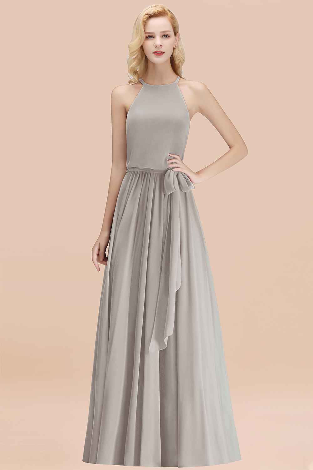 Modest Long A-line Halter Chiffon Bow Silver Bridesmaid Dresses