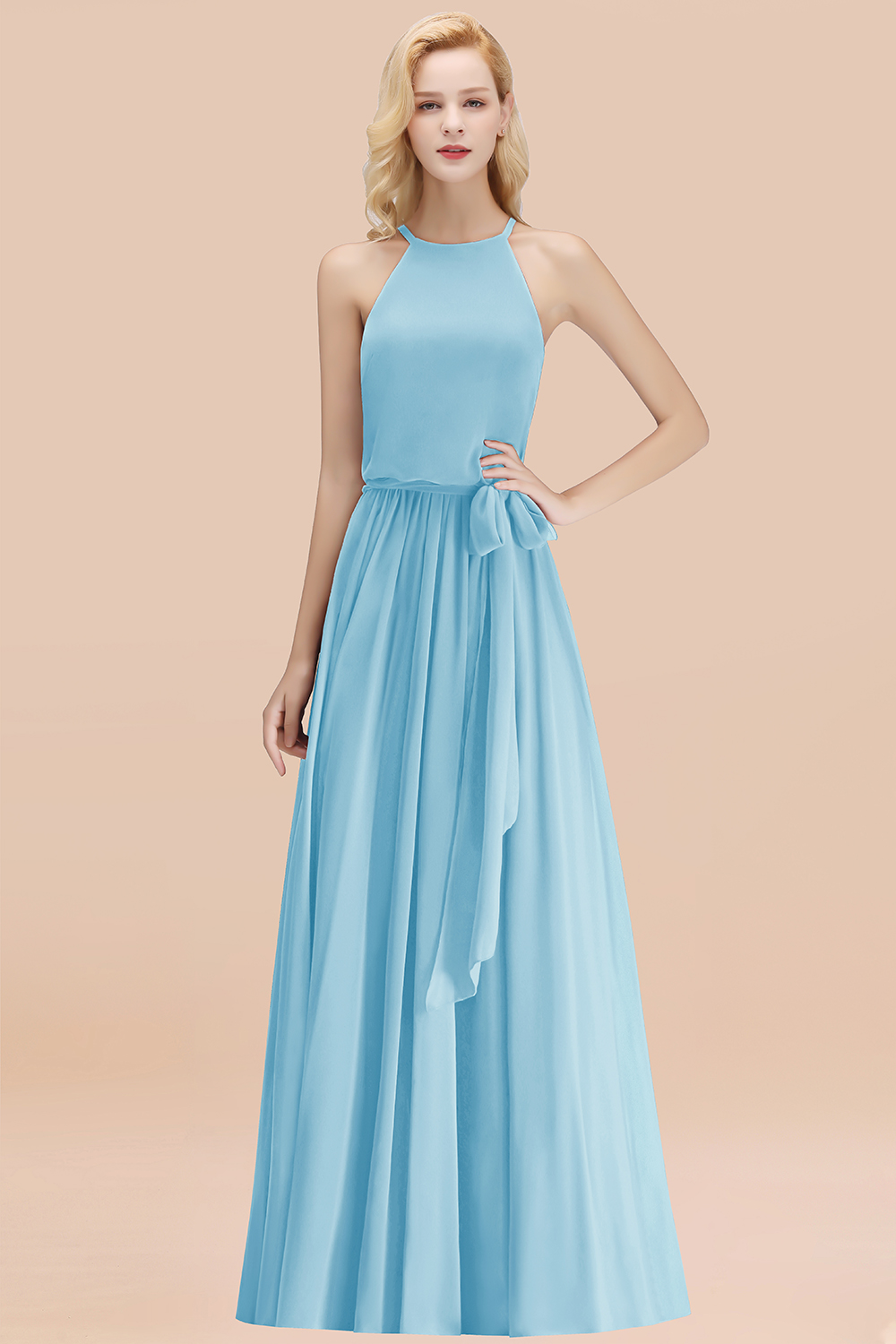 Modest Long A-line Halter Chiffon Bow Sky Blue Bridesmaid Dresses