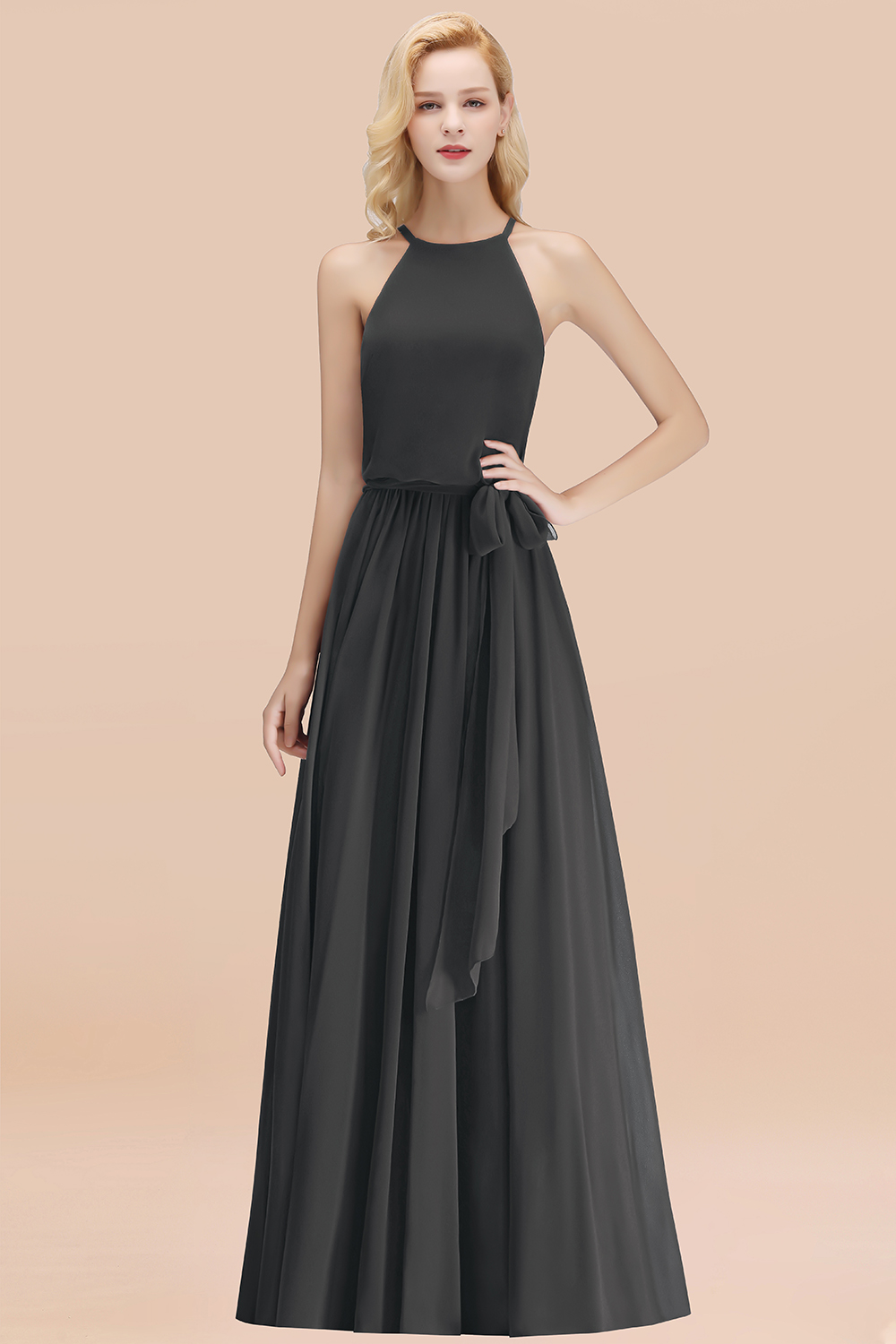 Modest Long A-line Halter Chiffon Bow Steelgrey Bridesmaid Dresses