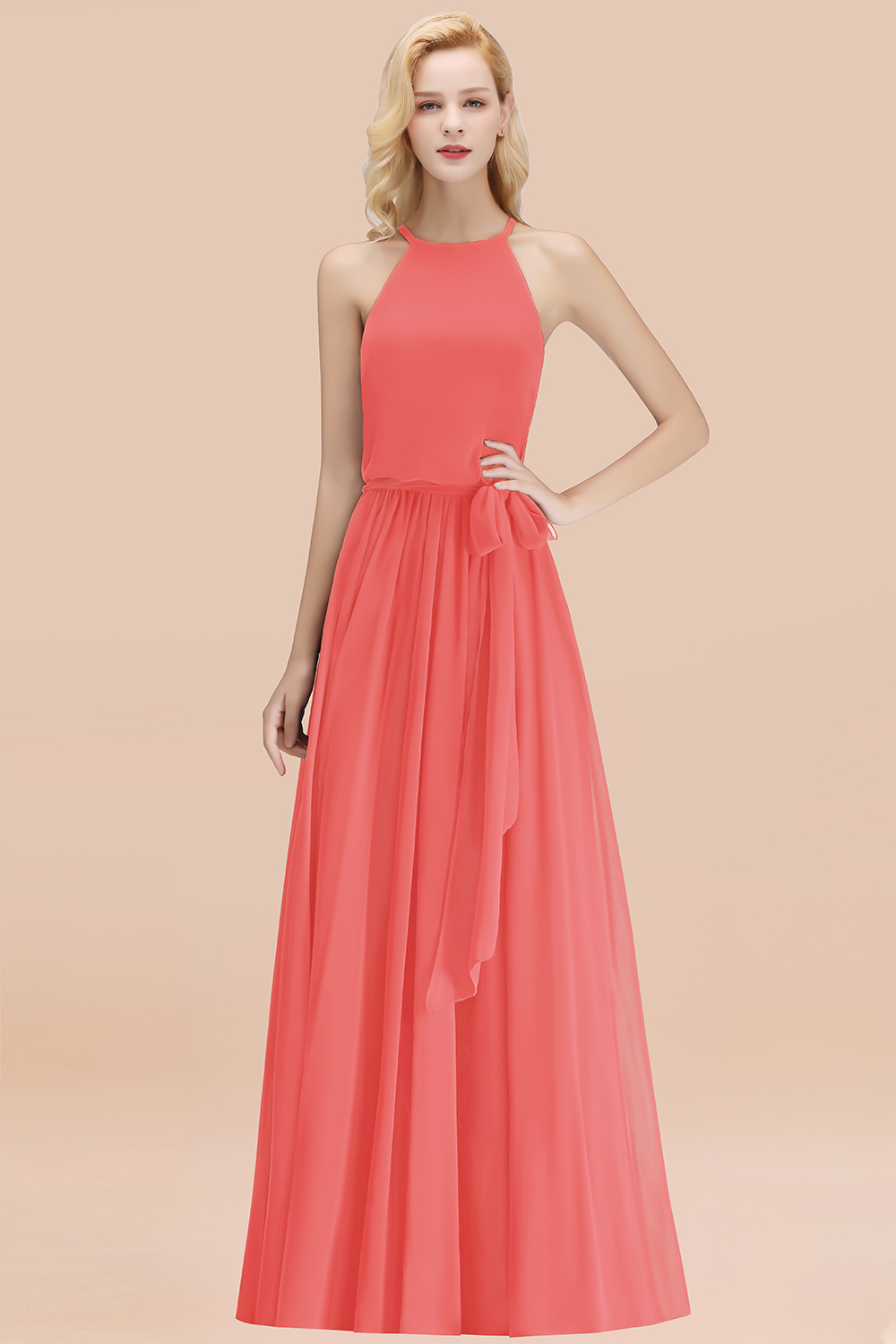 Modest Long A-line Halter Chiffon Bow Watermelon Bridesmaid Dresses