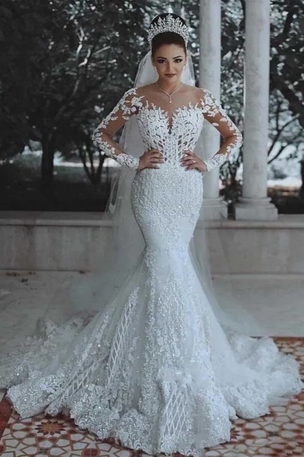 Modest Long Sleeves Lace Appliques Mermaid Tulle Wedding Dresses