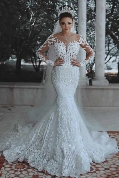 Modest Long Sleeves Lace Appliques Mermaid Tulle Wedding Dresses