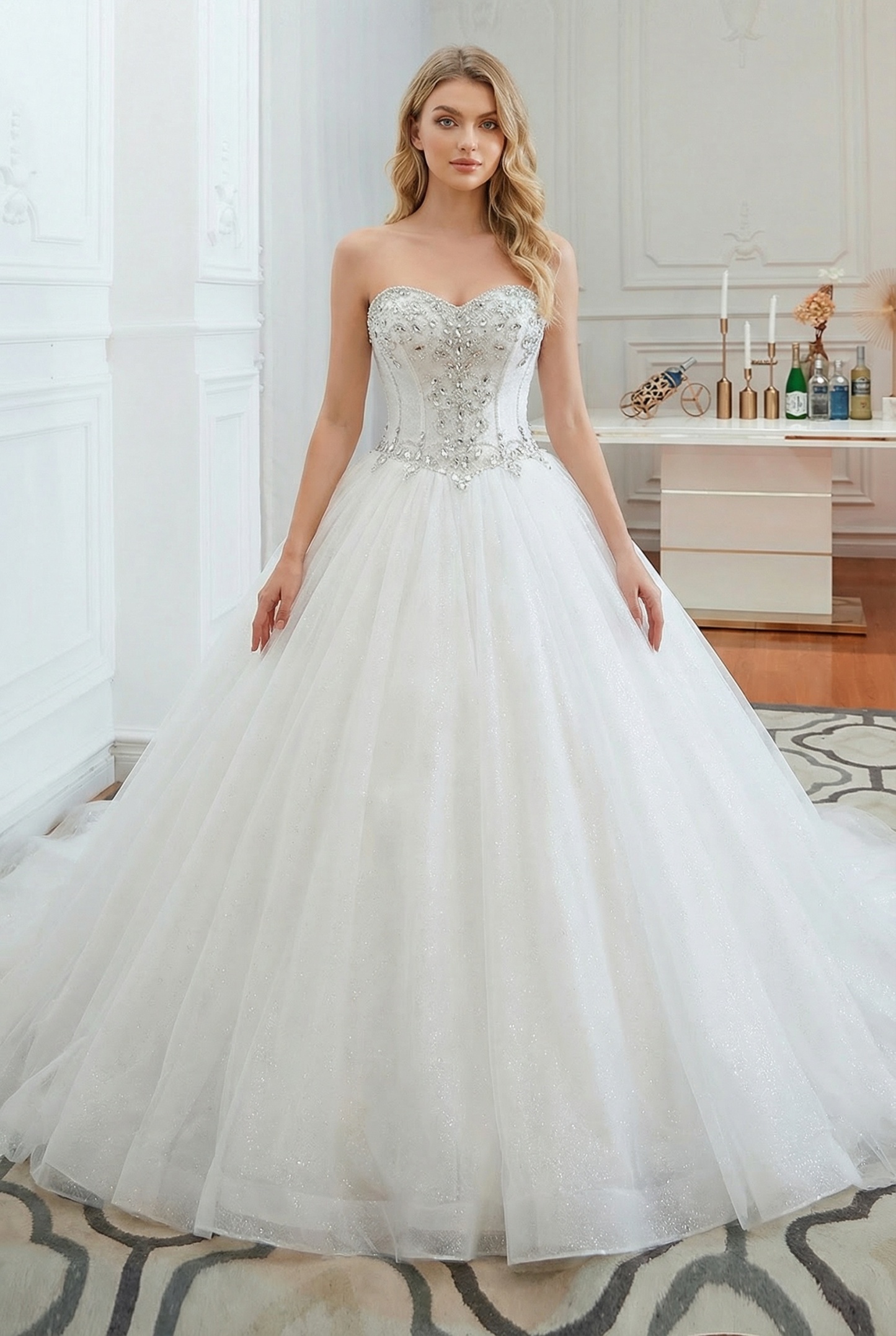 Long Sweetheart Beaded Lace-up Tulle Ball Gown Wedding Dresses