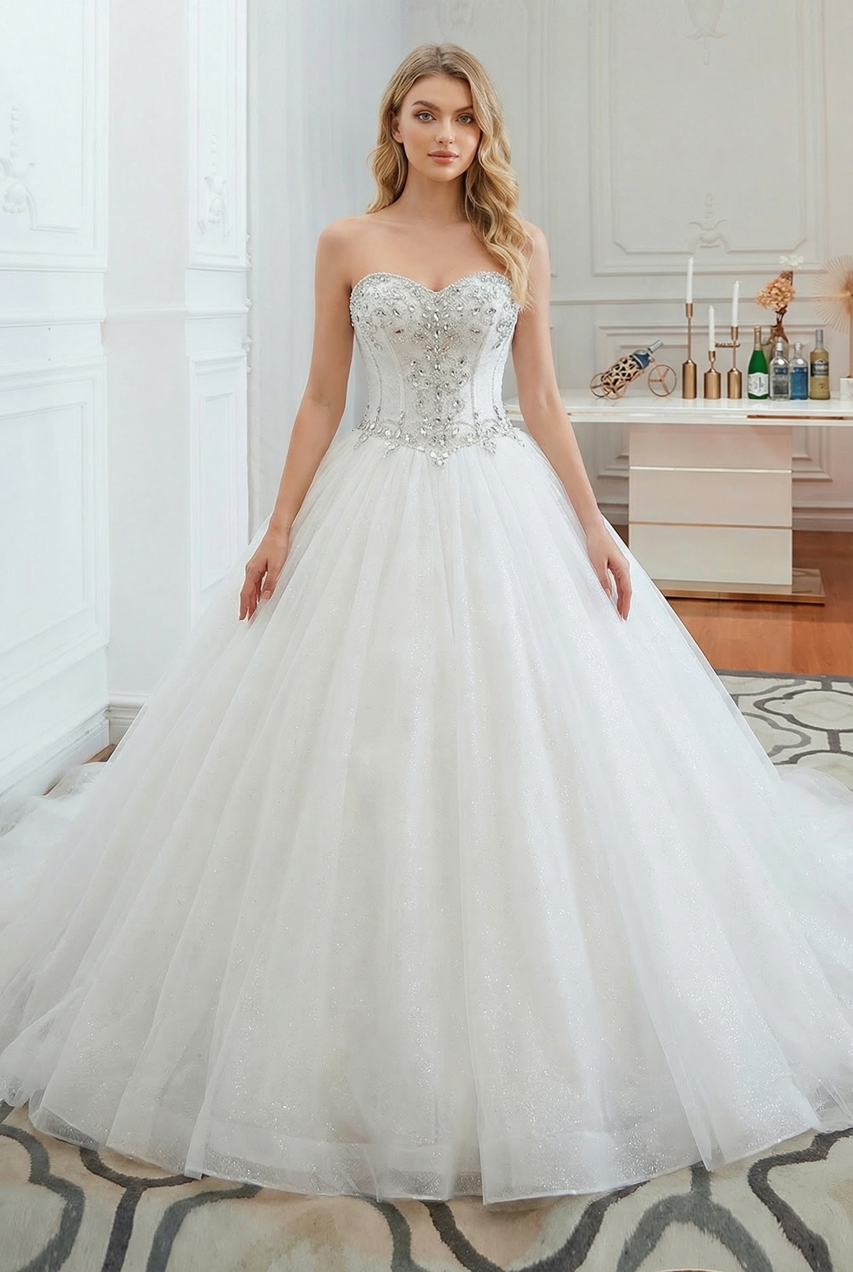 Long Sweetheart Beaded Lace-up Tulle Ball Gown Wedding Dresses