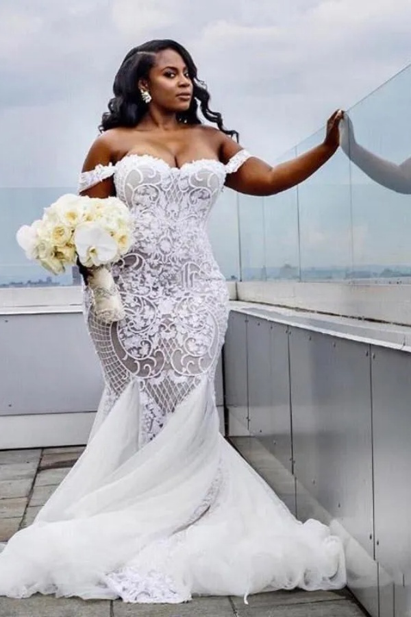 Modest Plus Size Long Off the Shoulder Mermaid Tulle Lace Wedding Dresses