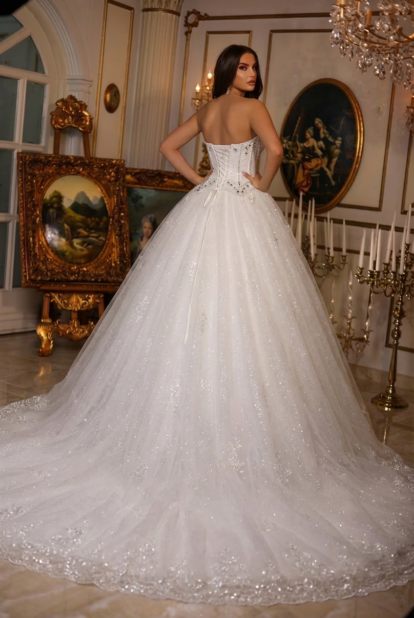 Modest Sweetheart Beaded Tulle Long Ball Gown Wedding Dress