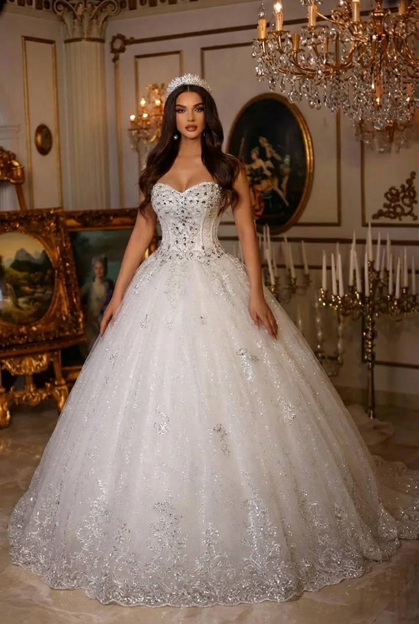 Modest Sweetheart Beaded Tulle Long Ball Gown Wedding Dress