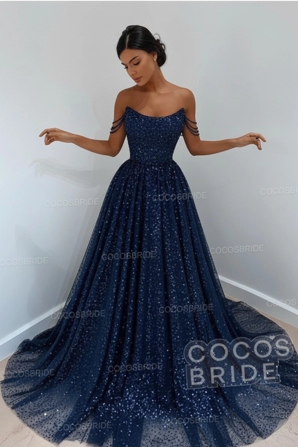 Long A-line Sparkly Sleeveless Sequined Formal Prom Dress