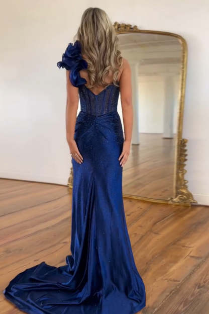 Long One Shoulder Mermaid Train Prom Dress with Slit