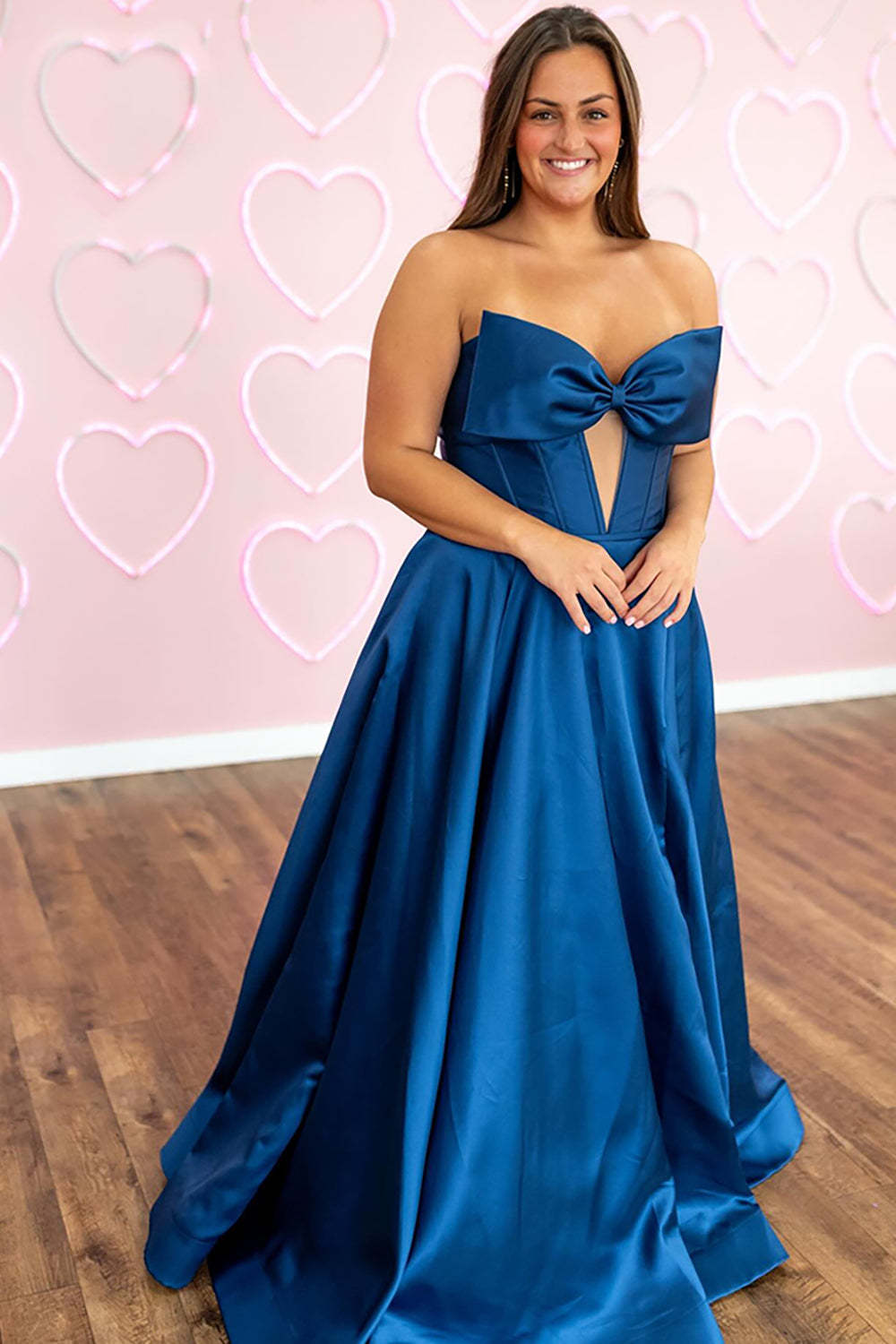 Long Sweetheart Strapless A-line Satin Prom Dress with Bow